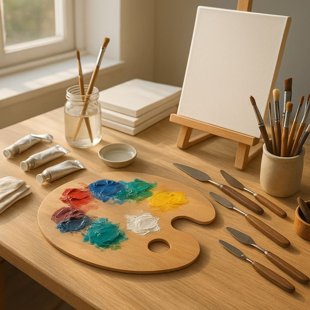 Heller Studio-Arbeitstisch mit Farben, Pinseln und Leinwänden